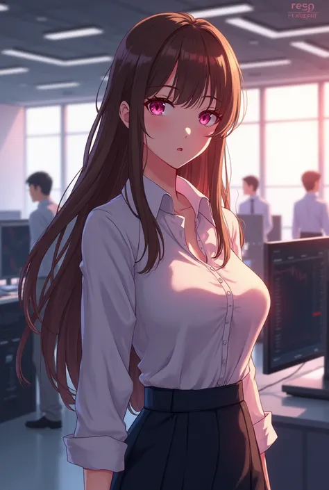 A professional anime-style woman with long brown hair and pink eyes, wearing a fitted business shirt good color with bigger boobs in a modern office setting. Background includes computer monitors, stock market screens, and office staff, with natural lighti...