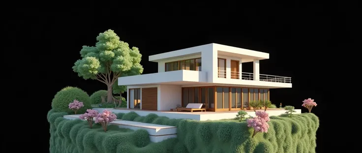 3d rendered house with ambient lightings , garden in front and  forests in tropical climates