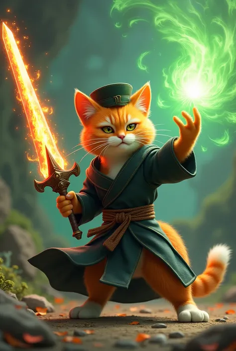 an orange cat wearing a black cap robe holding a wide and large fire beam sword in his left hand and holding a green flame in his right hand. Donghua 3D animation