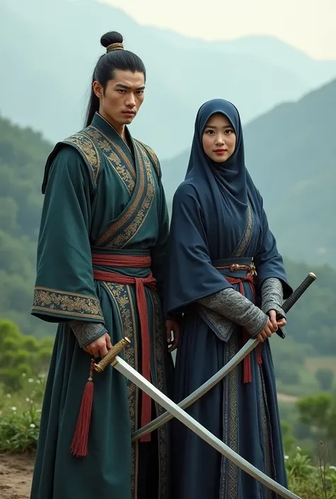 A Chinese man and a woman in hijab
Wearing the costume of a chinese swordsman carrying a sword
