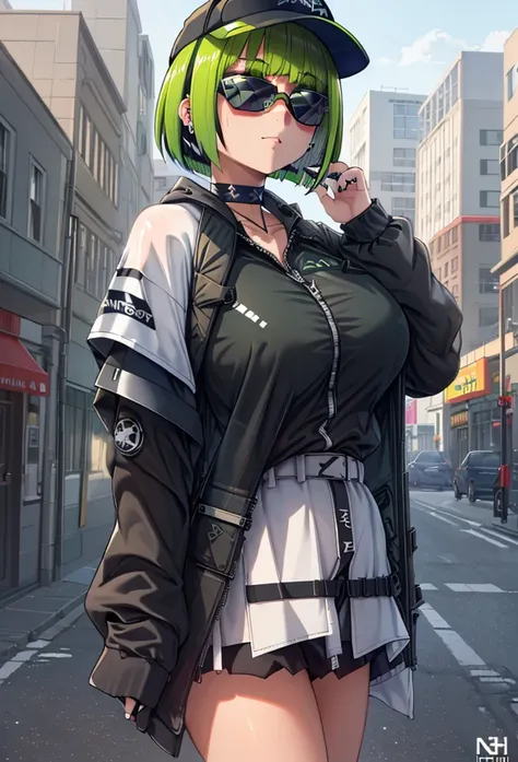  huge breasts, masterpiece, Highest_quality,  absurd, ultra-  Details, extremely_  Details,  1 girl, (Techwear:1.4), baseball_ cap, black_headwear, black_Nails, green_ choker , green_eye, gray_hair,  casual,  choker , head_,  short_hair, Bob_cut, Cleaned u...