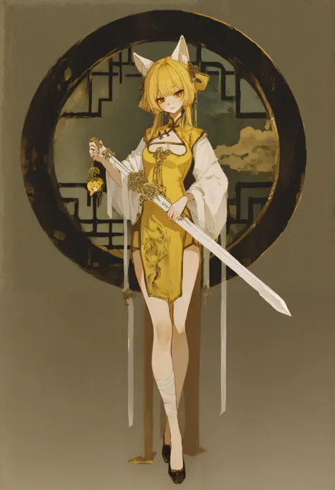  The yellow charm bandage, the girls full body cheongsam, multi-sided display, exquisite vertical painting, OC, white sword man, Jiang Hu, holding the charm hairstyle, a special one with bells hanging, animal ears, exquisite details, vivid display 4k