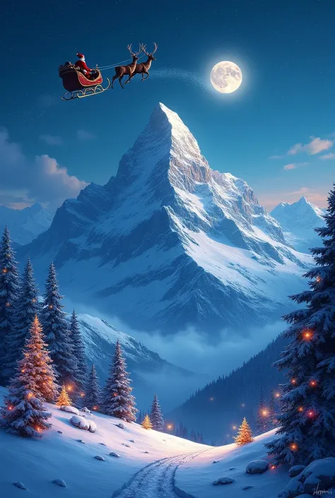 Paysage nocturne avec montagne enneigé decoration de noel et le pere noel qui passe en traineau dans le ciel 