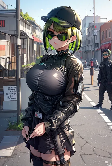  huge breasts, masterpiece, Highest_quality,  absurd, ultra-  Details, extremely_  Details,  1 girl, (Techwear:1.4), baseball_ cap, black_headwear, black_Nails, green_ choker , green_eye, gray_hair,  casual,  choker , head_,  short_hair, Bob_cut, Cleaned u...