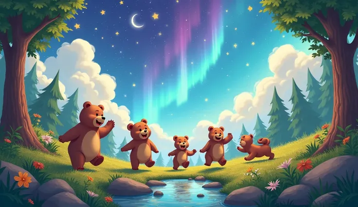  o In which the Bears make new friends and have various adventures, a scene in which the happiness they have created is reflected in the sky . Draw in animation style but realistic.