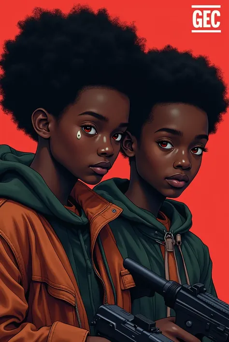 Two Africa boys parting with guns In the games  

"GEC  " written in the background in the right corner of the image 
Œuvre dart, Anatomie correcte, Abyss, HD model, black hair, red eyes, coiffure Afro,Tears, 