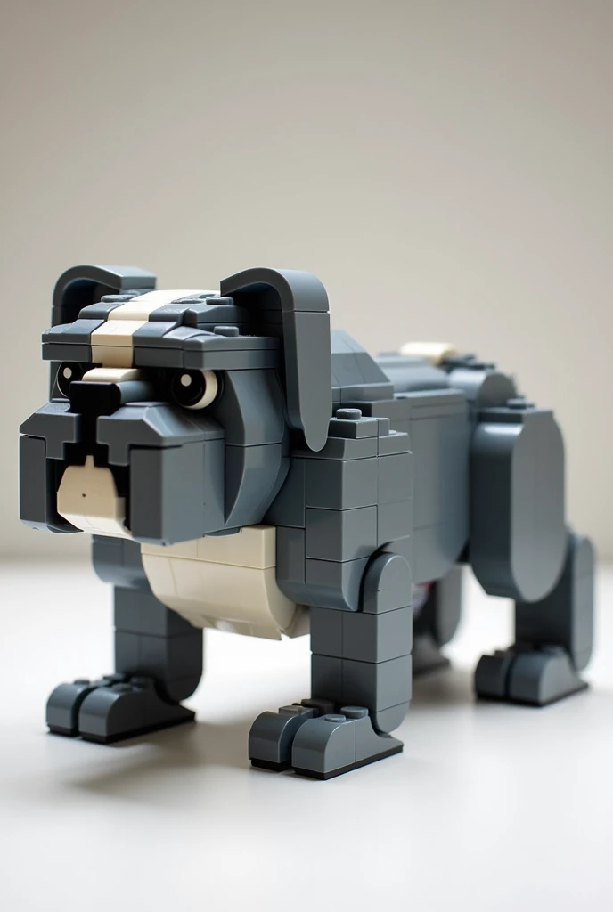 A bulldog in gray, white and black colors in LEGO pieces 
