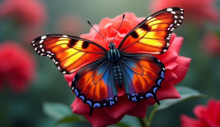 A stunning and vibrant scene featuring a large, beautiful butterfly with intricate, colorful patterns on its wings, delicately perched on a vivid red rose in full bloom. The roses petals are soft and rich in color, contrasting beautifully with the butterfl...