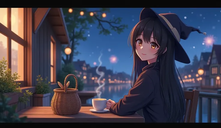 8k、 high school girl、 mature、smile、 Looking Back、 long hair 、 dark brown robe、Three-cornered hat、 medieval Europe with wooden basket、 Another World、Cafe、 Wood Deck 、table、sit、ホットCafeオレ、night、Town view、 starry sky 、firework、 romantic、 glitter、Anime 2D Style...