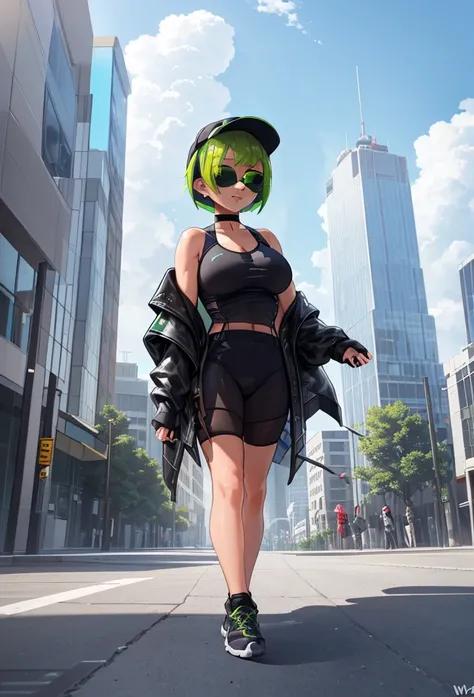  huge breasts, masterpiece, Highest_quality,  absurd, ultra-  Details, extremely_  Details,  1 girl, (Techwear:1.4), baseball_ cap, black_headwear, black_Nails, green_ choker , green_eye, gray_hair,  casual,  choker , head_,  short_hair, Bob_cut, Cleaned u...