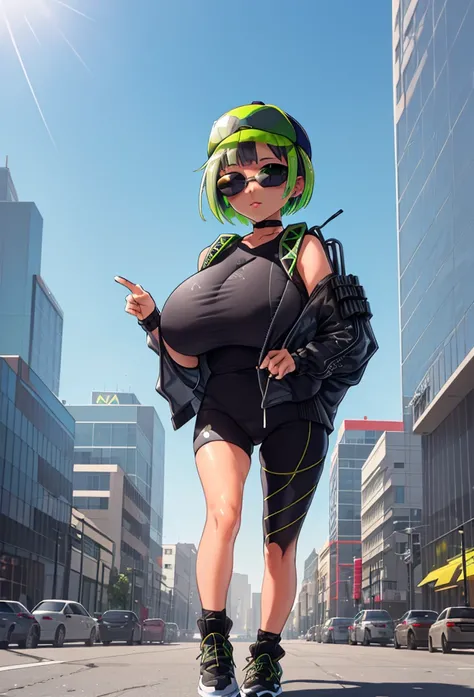  huge breasts, masterpiece, Highest_quality,  absurd, ultra-  Details, extremely_  Details,  1 girl, (Techwear:1.4), baseball_ cap, black_headwear, black_Nails, green_ choker , green_eye, gray_hair,  casual,  choker , head_,  short_hair, Bob_cut, Cleaned u...