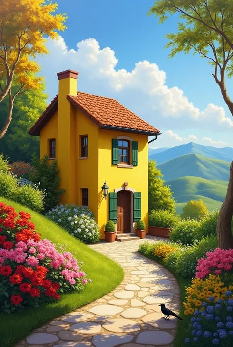 A vibrant oil painting depicts a yellow house nestled in a lush garden, situated on a hillside.  The house, with a terracotta roof, is a prominent feature, positioned slightly off-center towards the right side of the image.  Its walls are a bright, sunny y...