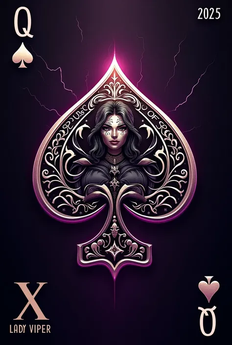 “Create a striking X (formerly Twitter) banner design with the term ‘Lady Viper 2025,’ featuring the phrase ‘Queen of Spades’ and ‘BNWO.’ Incorporate a detailed spade card in the center, with an elegant yet fierce aesthetic. Use a bold color scheme with da...