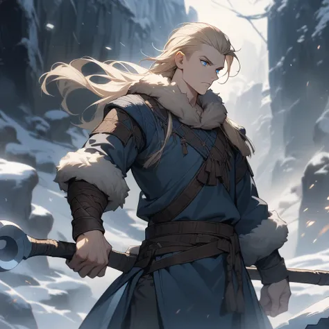 (digital art) (masterpiece) (best quality) (perfect anatomy), young male, wearing viking style winter clothing, pale blonde hair, blue eyes, hair shaved on sides, long shoulder length hair, male, 1guy, clean shaven, viking warrior, holding battle-axe