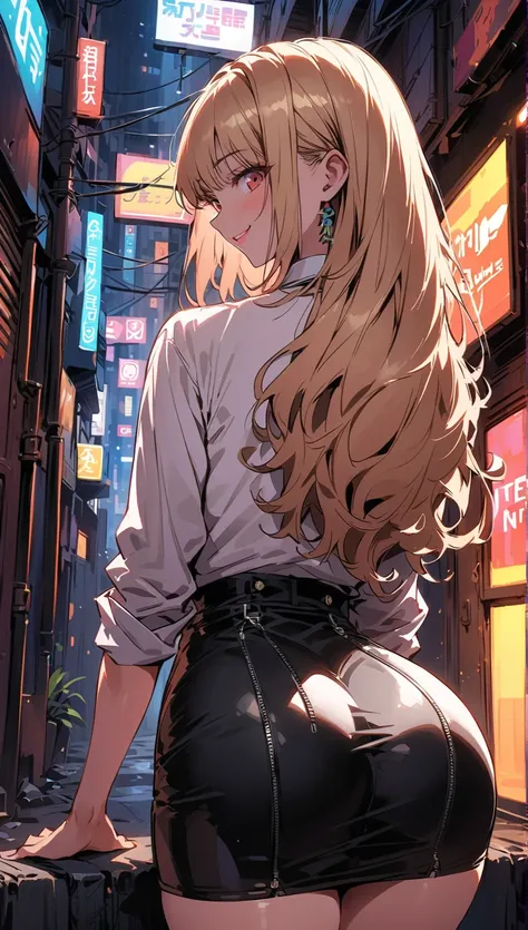 Beauty　smile　lipstick　　White shirt　Roll up your sleeves　Tight skirt　High heel boots　stand　Neon city at night　In the shade　Cyberpunk　Back Alley, back view, doggystyle pose, ass focus, shiny skirt, tight skirt  focus