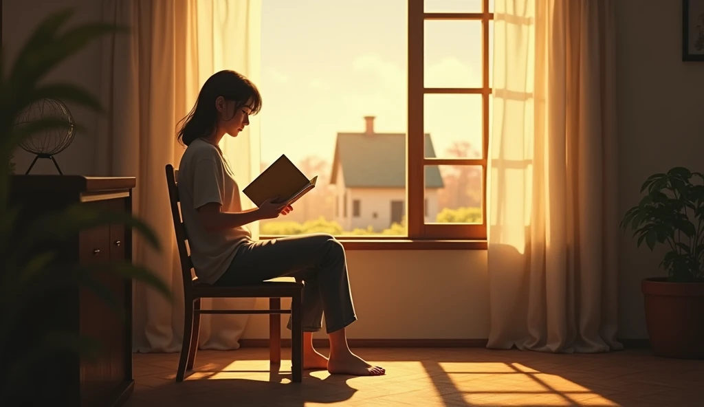  healing light in solitude
Description ： The girl sits on a simple wooden chair ， Holding a book ，, the world around her was quiet and serene 。Sunlight floods into the house through the windows，Reflected on her face， and seemed to give her a hint of warmth...