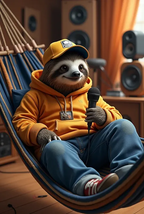 Sloth with microphone in hand with hip hop clothes on hammock in music studio