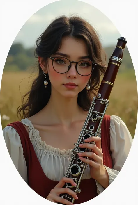  Hungarian clarinet girl with dark brown hair , fatter physique,  dark brown eyes with oval face ,  glasses whose frame is metal and only the upper part is framed at the bottom only the lens, have an oval frame.  Her earrings should be .
 And the backgroun...