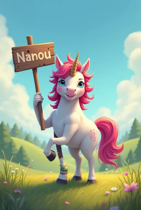 Licorne handicapé avec panneau écrit Nanou