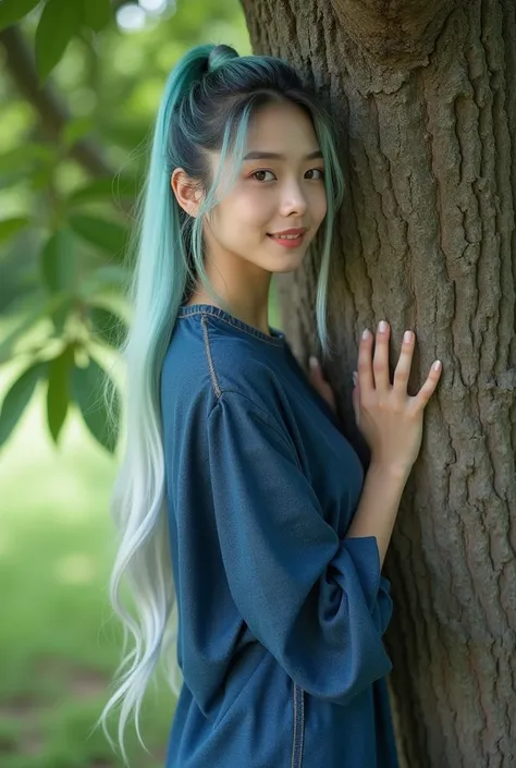 Beautiful Asian woman poses gracefully and attractively wearing dark blue jeans material dress,  blue and white green hair tied high , blue sneakers , standing facing the camera a gentle smile next to a large planted tree. ultra Hd realist 