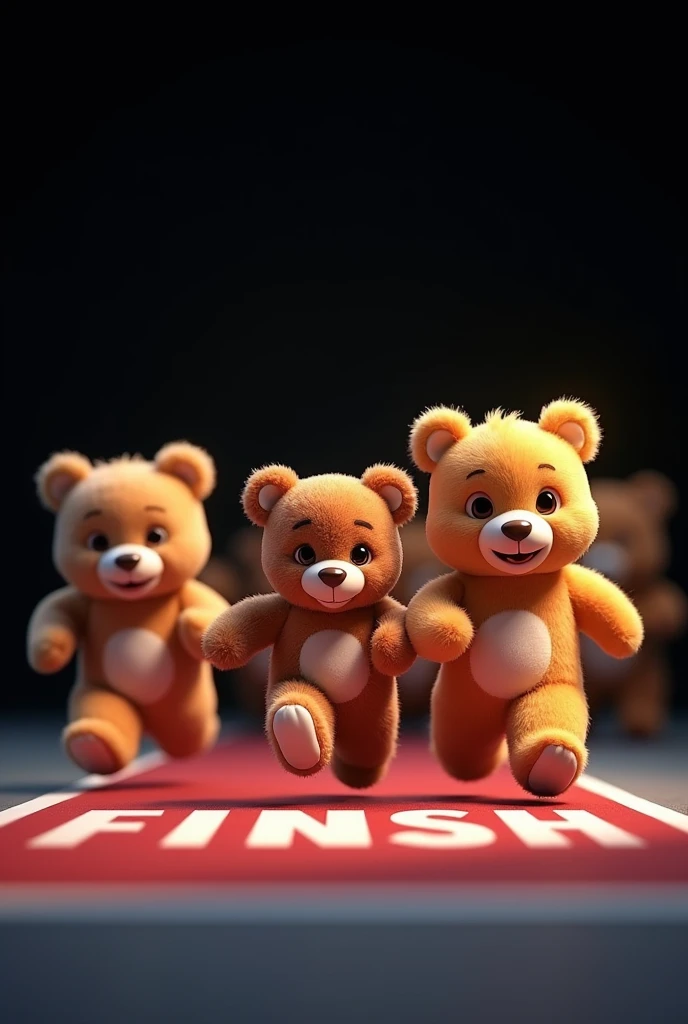  teddy bears , very cute , Animated, marathon running finish line,  black background 