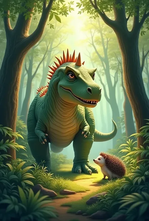 A dinasour and a heag hog in a green forest with thin tall trees 