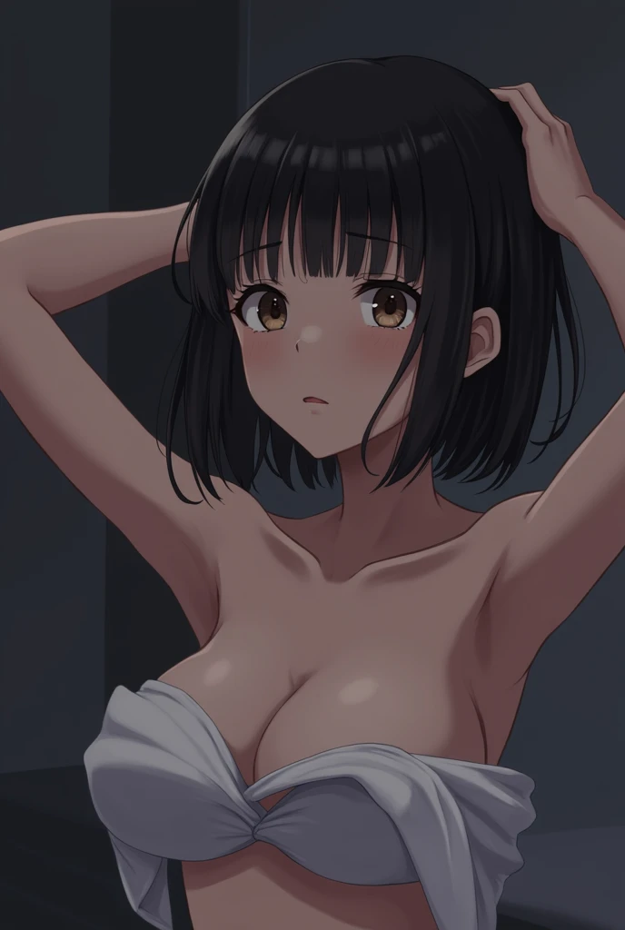 1girl, implied sex, head back, hands up, upper body, (motion lines:1.2), BREAK girl, 22yo, short hair, (bob cut:1.2), ear, (blunt bangs), black hair, (tareme, detailed cute brown eyes), curled eyelashes, (large breasts:0.8), beautiful detailed eyes, beauti...