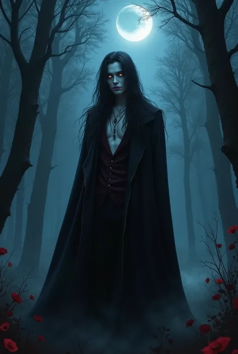 BTSs Jungkook long haired vampire in a forest at night