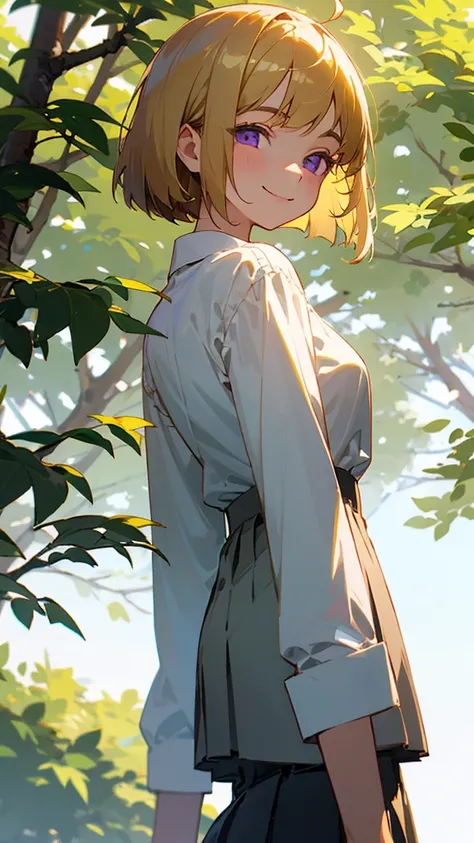 16-year-old girl、solo、 Golden Hair 、 bob cut、Purple Eyes、 squinting、smile、 back view、 white blouse shirt、 black pleated skirt、 under the bright light filtering through the trees、 sharp outline 、 tomboy 、 boyish