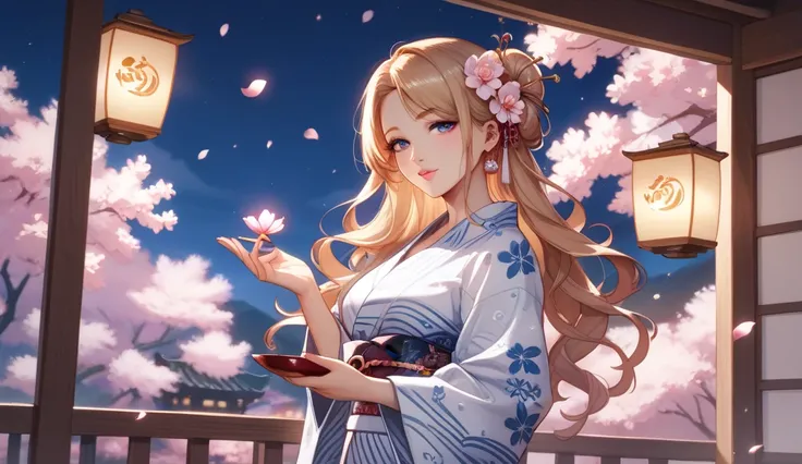 A beautiful girl wearing a traditional Japanese yukata with cherry blossom patterns, standing under blooming cherry blossoms at night. The scene is softly illuminated by lantern lights, creating a romantic and peaceful atmosphere. She has long flowing hair...