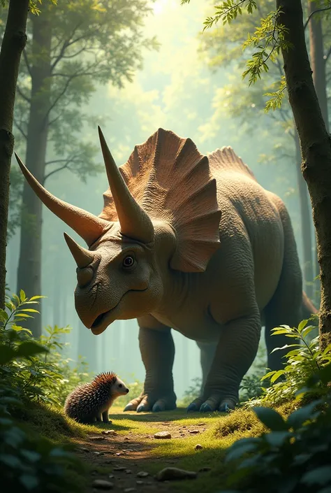 "Imagine a lush green forest filled with thin, towering trees that stretch high into the sky, their leaves forming a soft canopy above. In the clearing, a massive dinosaur, such as a Triceratops, stands majestically, its textured, earth-toned skin blending...