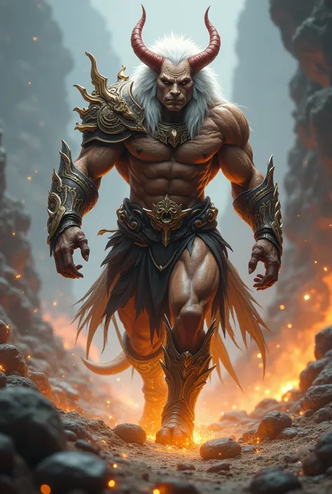 Design a powerful warrior who is a fusion of a human and an animal, showcasing a perfect blend of organic and armor-like features. The warrior’s physique should integrate animal traits seamlessly: muscular and agile with claws, wings, tails, or horns, depe...