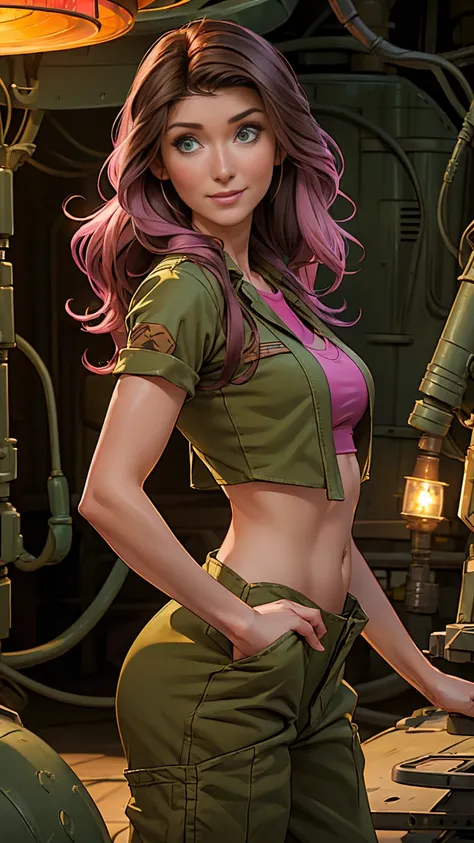 ((1girl)), ((Jewel Staite as Kaylee from Firefly)), ((undone olive green coveralls)), ((short pink crop top)), ((long brunette hair)), perfect breasts, sexy pose, smile, spaceship engine