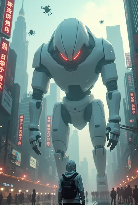 	“A futuristic dystopian city scene with towering skyscrapers covered in neon signs and advertisements, inspired by Asian cyberpunk aesthetics. The sky is slightly hazy, with sunlight breaking through. A massive white robot with glowing red eyes and a slee...