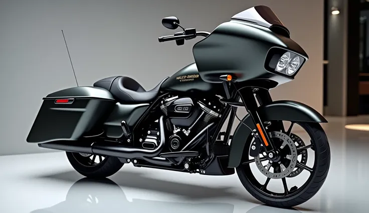 Generate a high-resolution, fully realistic image of a ( 2025 harley-Davidson CVO Road Glide Limited ) in ( Color ) , with a sleek and modern exterior, futuristic wheels, and a shimmering body color, displayed in a luxurious showroom with . The image shoul...