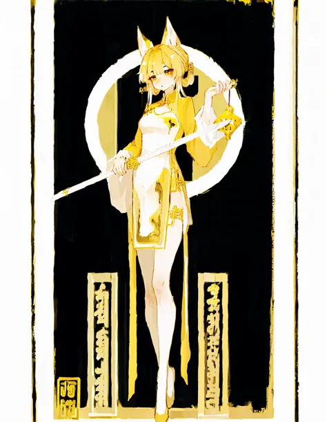  The yellow charm bandage, the girls full body cheongsam, multi-sided display, exquisite vertical painting, OC, white sword man, Jiang Hu, holding the charm hairstyle, a special one with bells hanging, animal ears, exquisite details, vivid display 4k