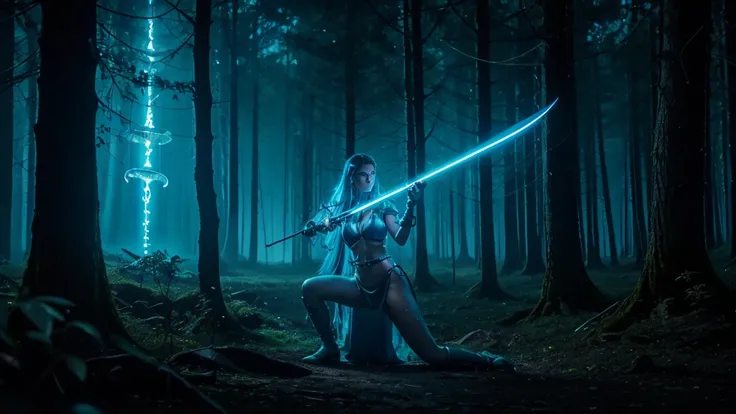 A low angle shot of a sultry Na’vi warrior woman wearing a revealing battle outfit with bioluminescent paint patterns, holding a longbow, surrounded by floating alien lanterns in a misty forest, shot with a Sony A7S III, macro lens, high contrast and glowi...