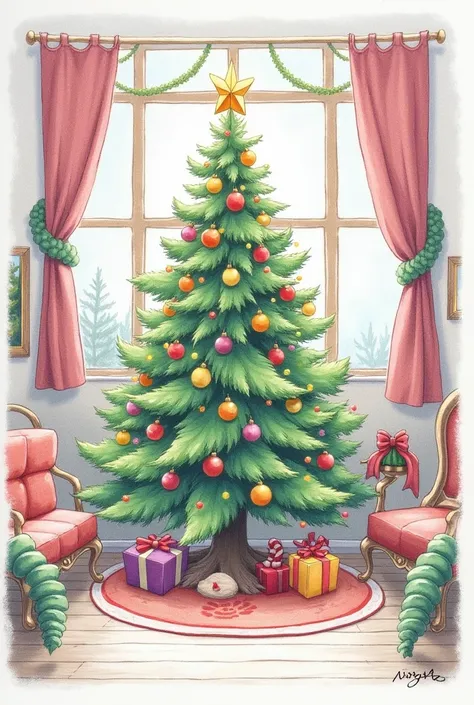 Draw a image of a decorated room where there will be a Christmas tree. It should be a pencil drawing. Put a signature nirob in the image. Make it look like the image is kept above a table. The image should be colored and the signature should be present and...