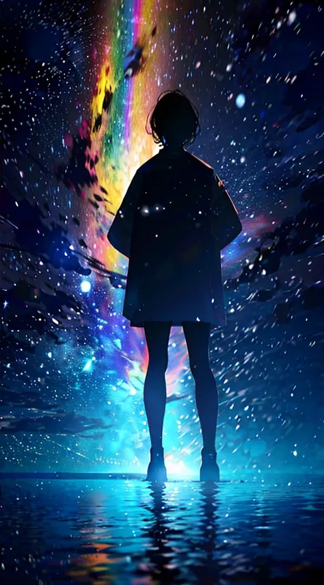 At night, Teenager standing by the sea，Looking up at the starry sky，Full body photo，delicated，nood