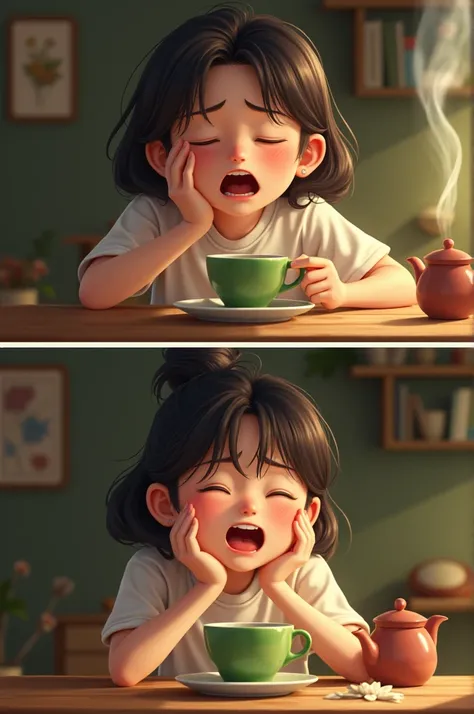 A tired person yawning, then drinking a cup of green tea. The second frame shows them looking energized, with bright eyes and a cheerful expression. Background includes a cozy indoor setting with warm tones and a teapot nearby."