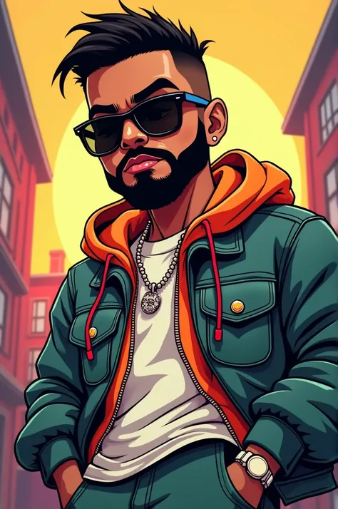 A cartoon hiphop boy wearing a sunglass & he has Beard with attitude. 