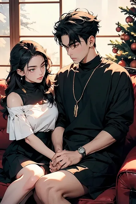 highest quality, 8k, high resolution image, In manhwa art style ,  a young adult Korean man, woman, couple sitting together on the sofa, photo from a high angle. A man wearing a white shirt, a black stripe, a coma hairstyle, a very handsome look, a badboy ...