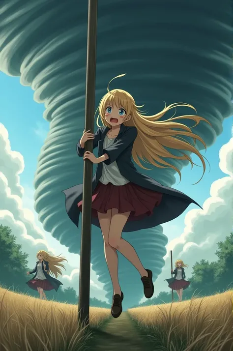 scared anime girl struggling in aggressive tornado storm struggling in harsh winds hanging onto a pole, body being lifted up by wind, long blonde hair flowing behind her, with an extra long jacket and skirt, farmland behind her, other girls being swept awa...