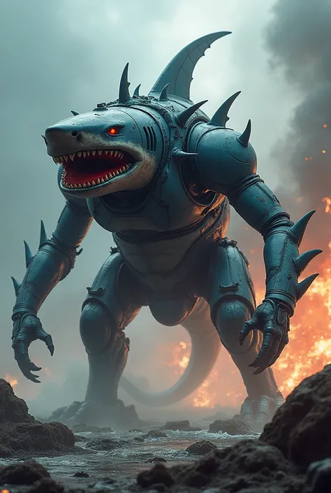 "Create a monstrous hybrid entity combining the features of a tank and a shark into a single seamless design. The body should merge the tanks armored structure and turret with the sharks sleek, predatory form, incorporating shark-like fins, gills, and shar...