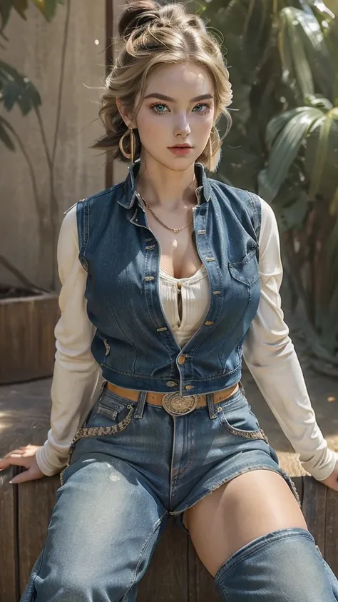 (cowboyshot: 1.2), (ANDROID_18, AND18(dragon ball z), (finely detailed beautiful eyes and detailed face), (face through thigh: 1.4), (knee shot: 1.2), blonde hair, solo, lady, (beautiful background), :), dynamic angle, blue eyes, light face, sunlight, (bri...