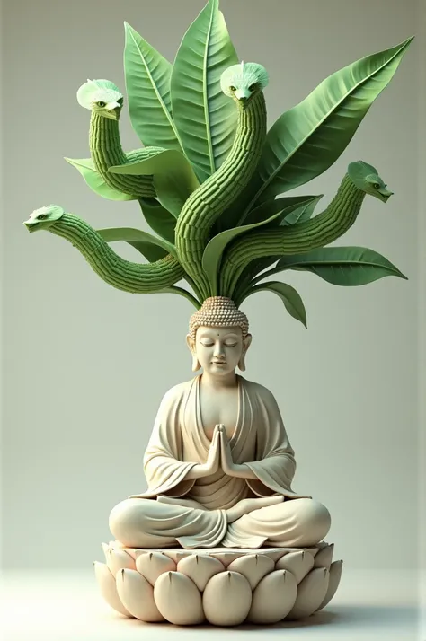 3d ai image of blessing buddha ,five joined headed naag over his head made out of banana leaf 