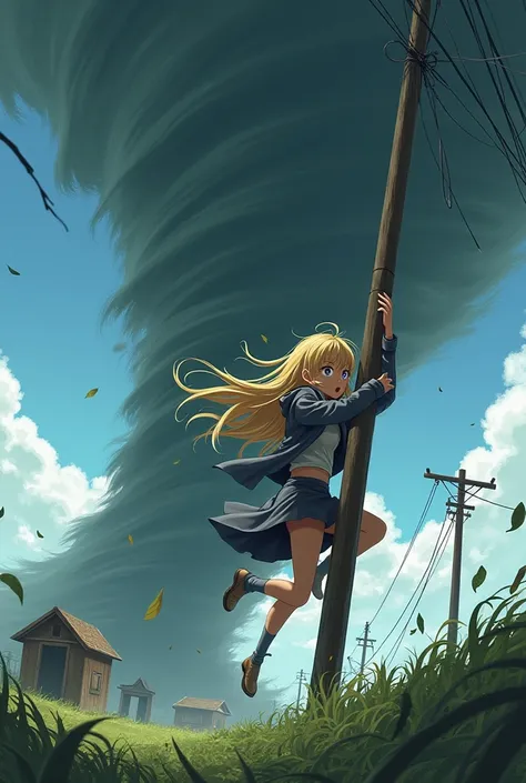 scared anime girl struggling in aggressive tornado storm struggling in harsh winds hanging onto a pole, body being lifted up by wind, long blonde hair flowing behind her, with an extra long jacket and skirt, small shed being swept away by the wind behind h...