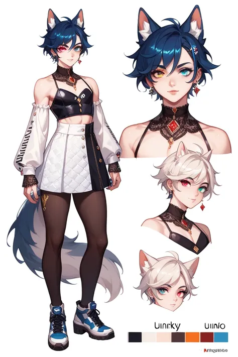 full body, femboy, fully clothed,, heterochromia, An illustration, (masterpiece、最high quality、high quality)、pure white background, Character design, Character sheet, pale skin, funky, pop, fashion, preppy, wolf