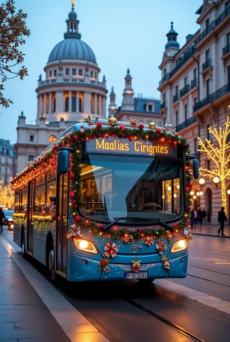 Bus at Plaza Cibeles in Madrid 
blue with Christmas decoration 
