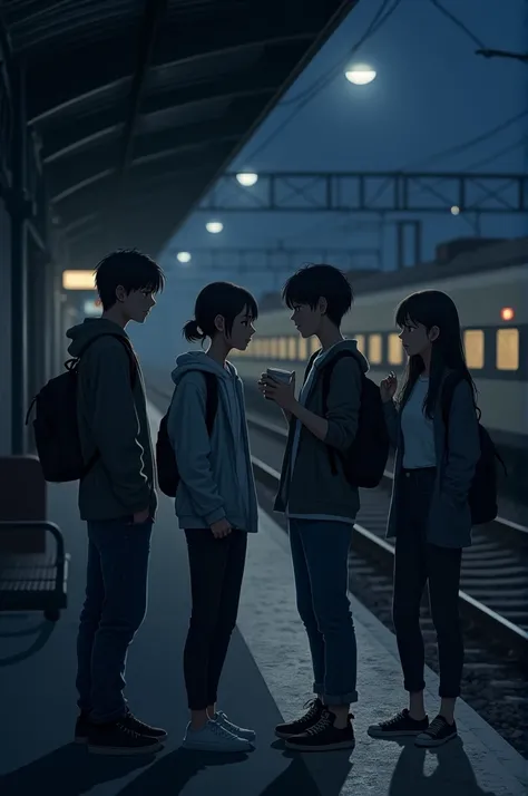 Four friends at the age of 19 in railway station in dark night 